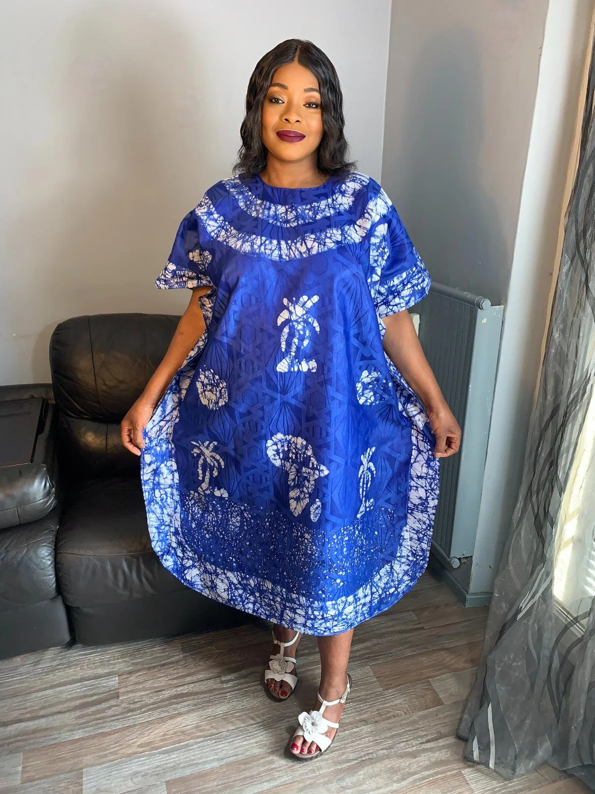 Royal Blue Bohemian Style Bazin Batik Dress. Unique and Exclusive Dress. Patterned dress, motif design: case, tata samba, Africa, art.