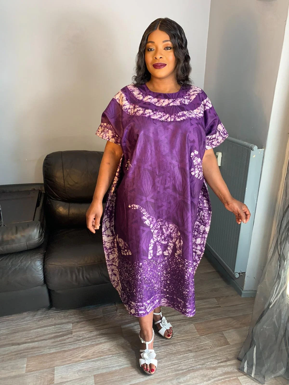 Women's dress, Bazin, Batik, Bohemian style Purple. Unique and Exclusive Dress. Patterned dress, design, motif: Giraffe, art.