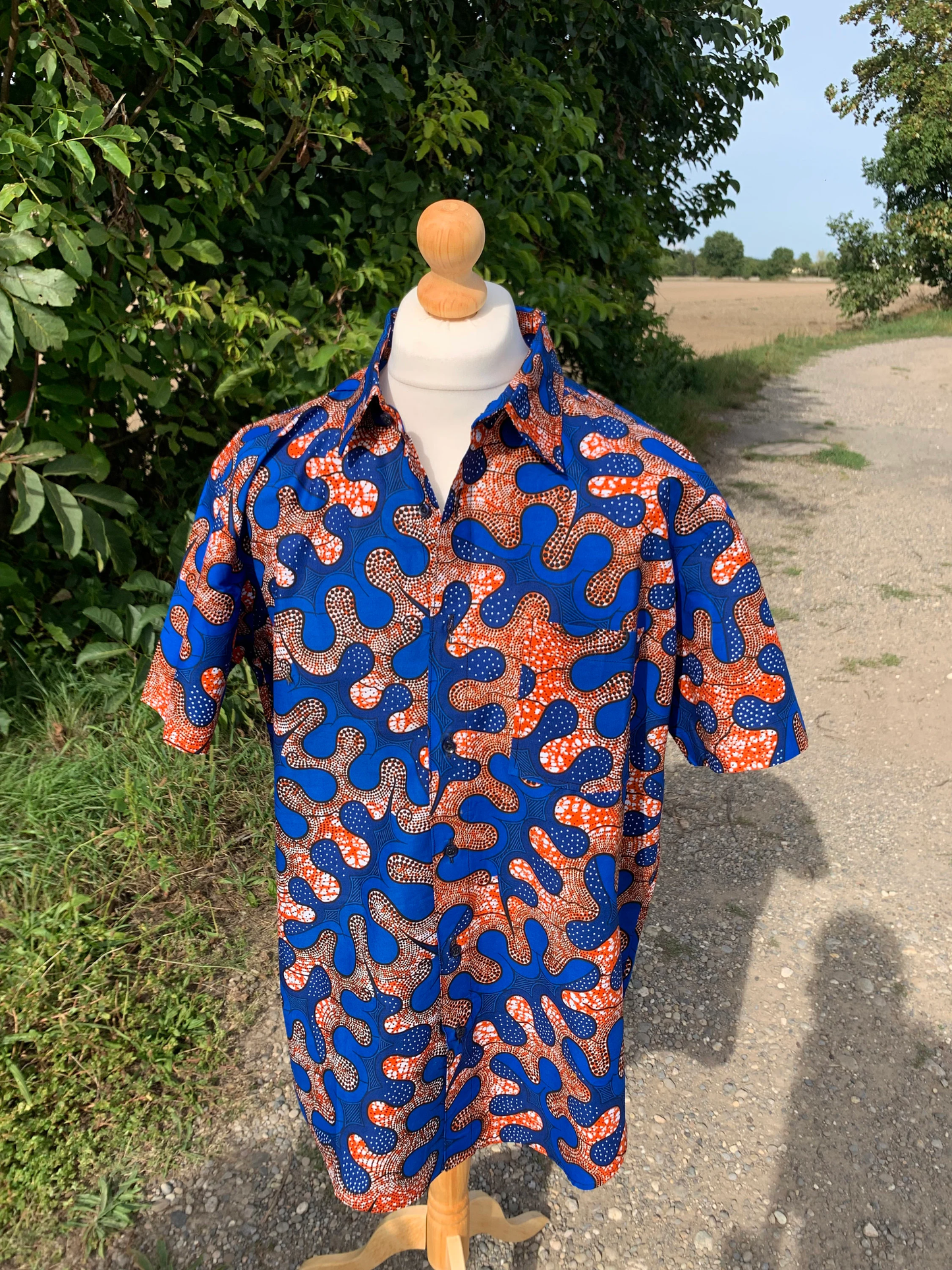 Chemises Homme Wax avec col, Ankara Bleu 100%Coton Doux.