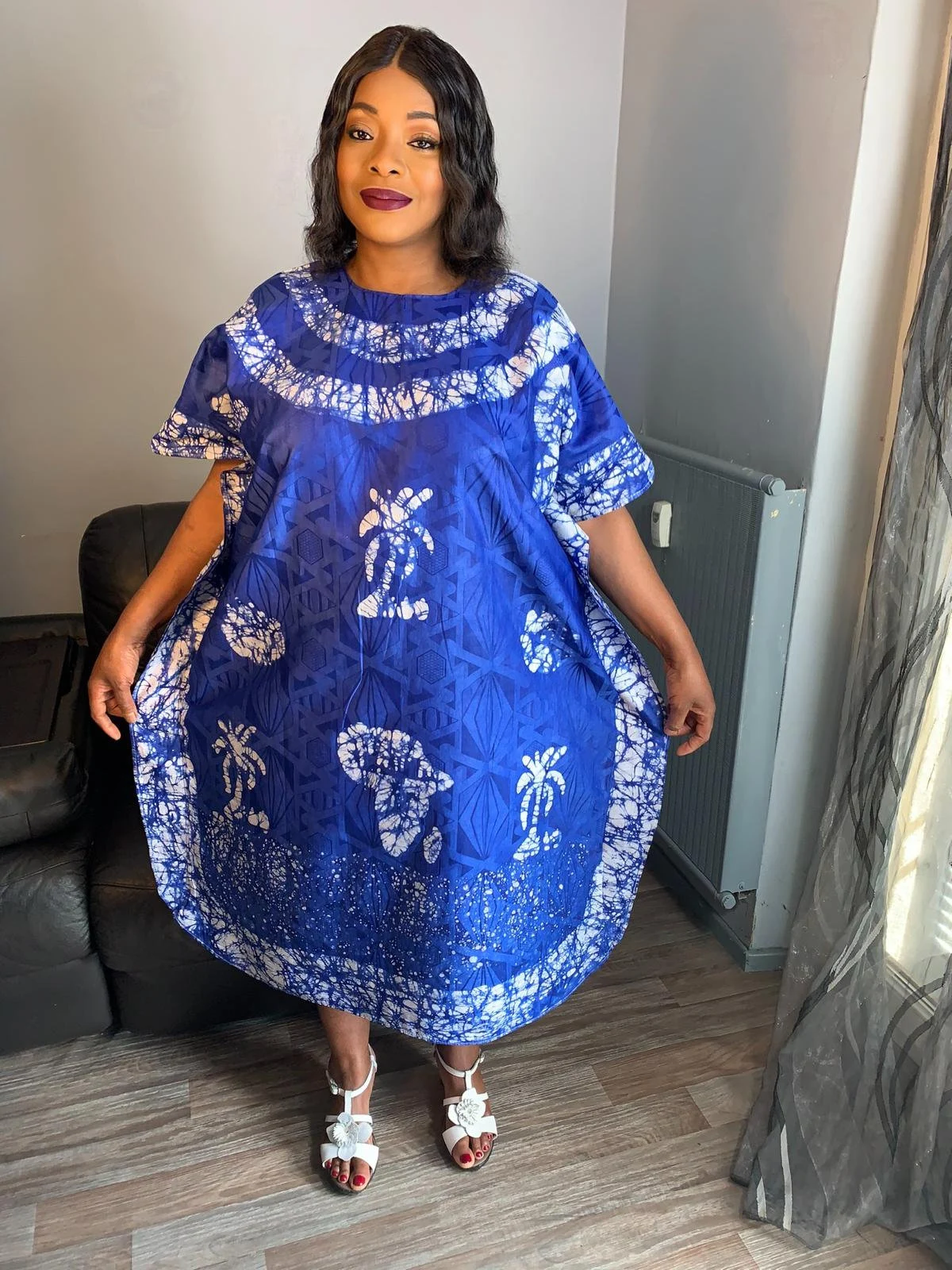 Royal Blue Bohemian Style Bazin Batik Dress. Unique and Exclusive Dress. Patterned dress, motif design: case, tata samba, Africa, art.