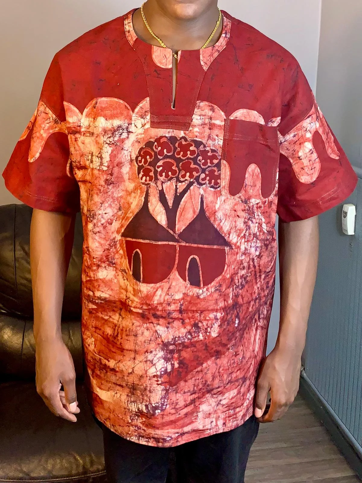 Mixed Batik Safari Animal Pattern Cotton Shirt - Burgundy Red