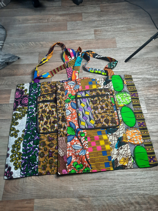 Große faltbare Wachs-Patchwork-Tragetasche mit Reißverschluss