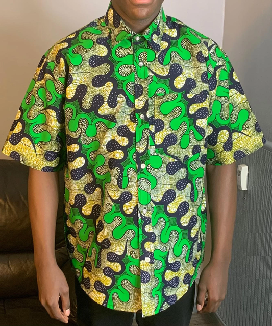 Herren-Wachshemd mit Ankara-Kragen, 100 % weiche Baumwolle, Grün.