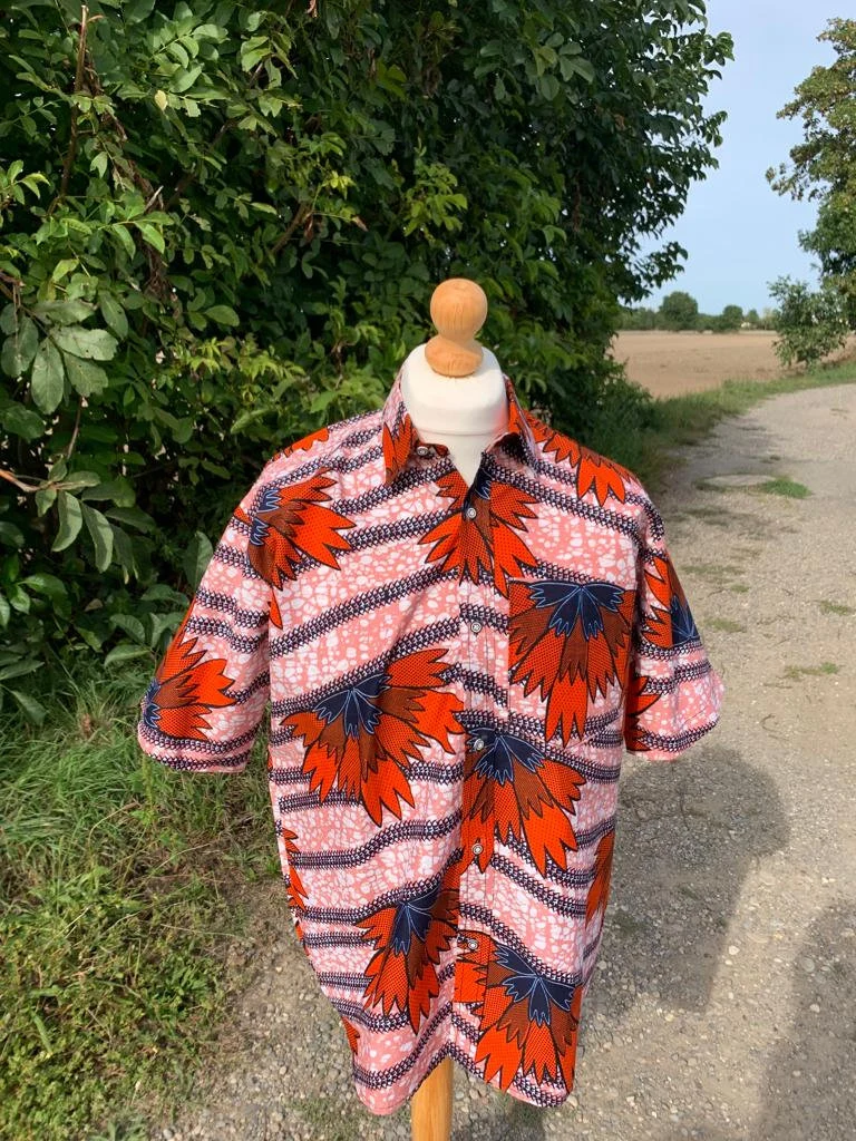 Chemises Homme Wax avec col, Ankara 100%Coton Doux Motif: Feuilles d'automne Multicolore