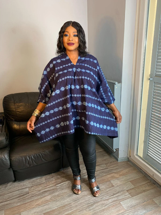 Indigo handgefärbtes Tye-and-Dye-Top, Adiré, Vintage-Bohemian-Stil