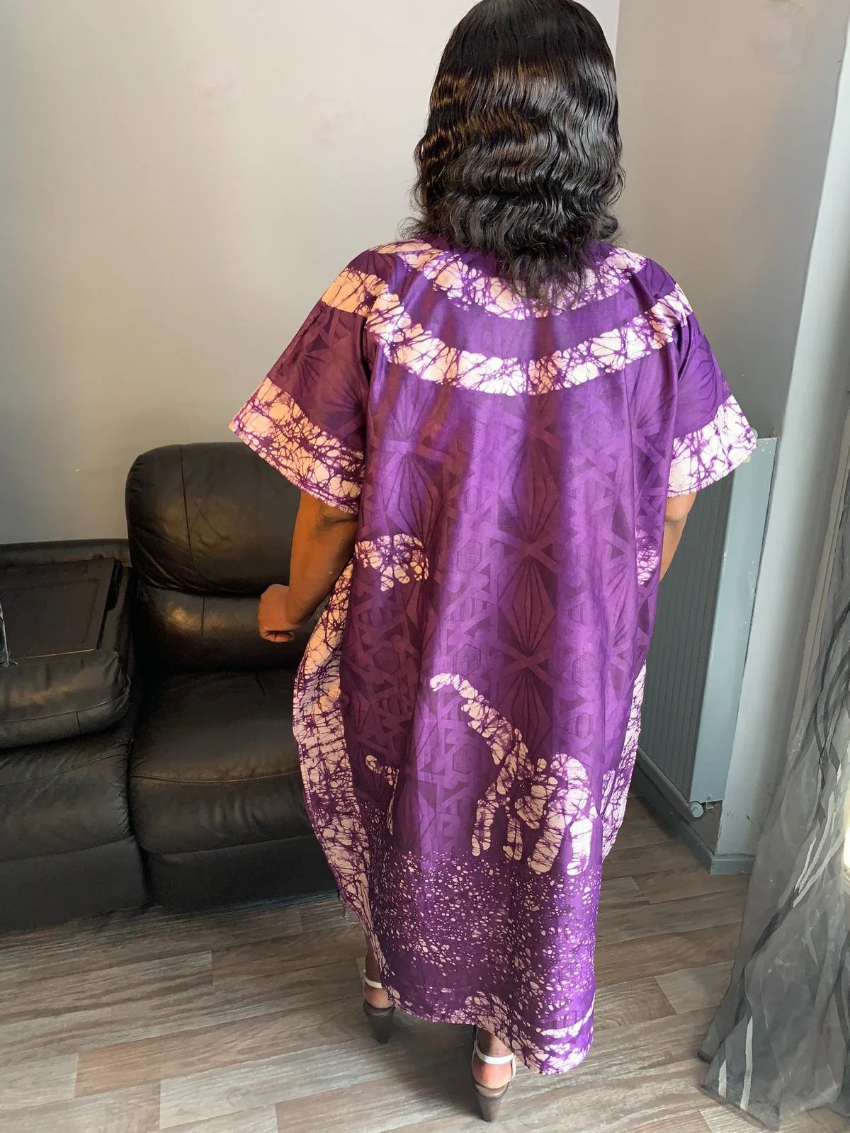 Women's dress, Bazin, Batik, Bohemian style Purple. Unique and Exclusive Dress. Patterned dress, design, motif: Giraffe, art.
