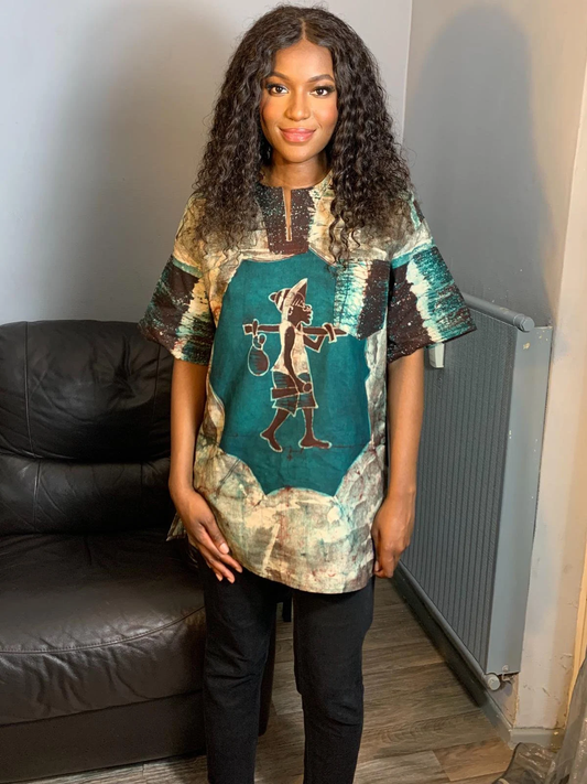 Baumwollhemd mit gemischtem Batik-Safari-Tiermuster – Grüngrau