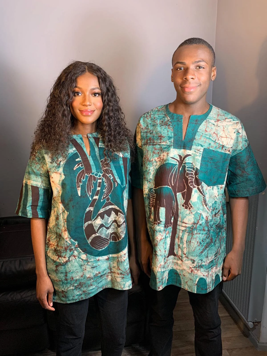 Baumwollhemd mit gemischtem Batik-Safari-Tiermuster – Grün