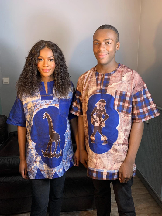 Baumwollhemd mit gemischtem Batik-Safari-Tiermuster – Blau