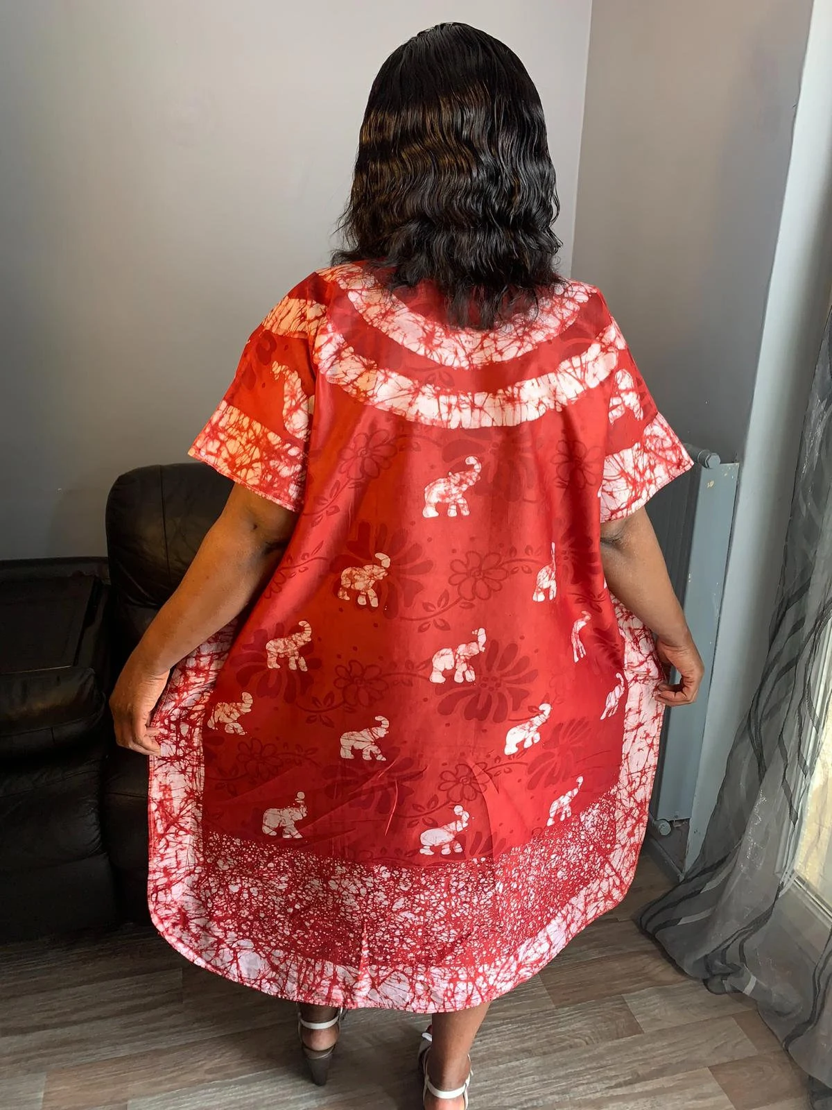 Bazin Batik Bohemian Style Dress Burgundy. Unique and Exclusive Dress. Patterned dress design, elephant pattern art