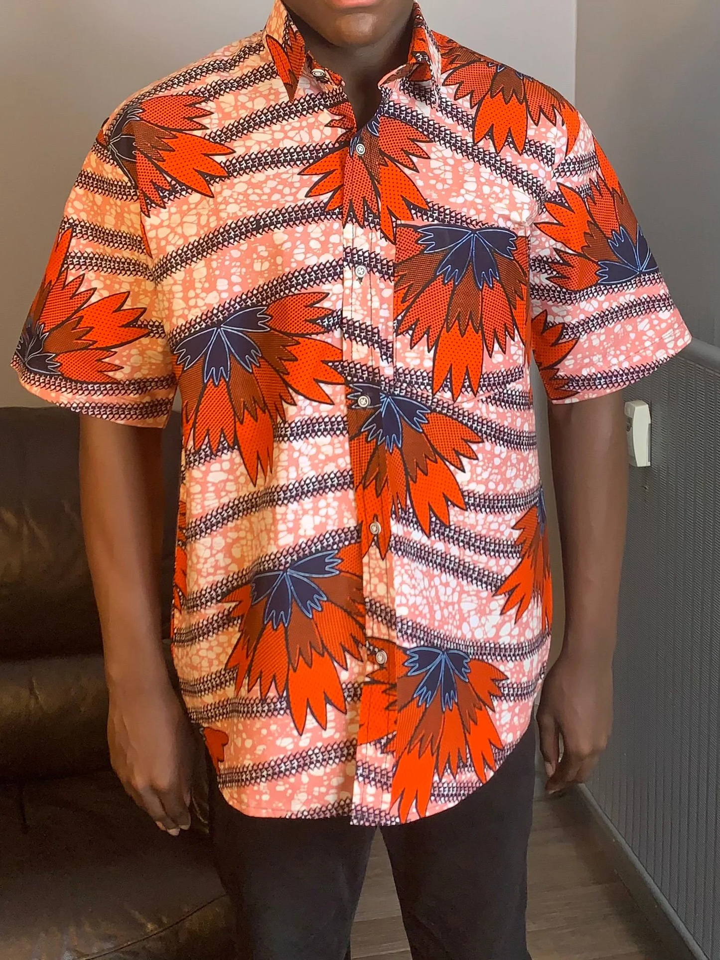 Chemises Homme Wax avec col, Ankara 100%Coton Doux Motif: Feuilles d'automne Multicolore