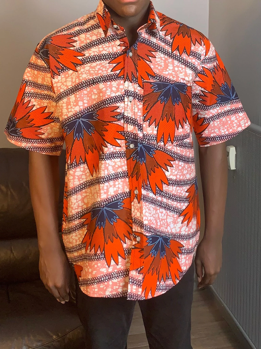 Herren Wax Shirts mit Kragen, Ankara 100% weiche Baumwolle Muster: Bunte Herbstblätter