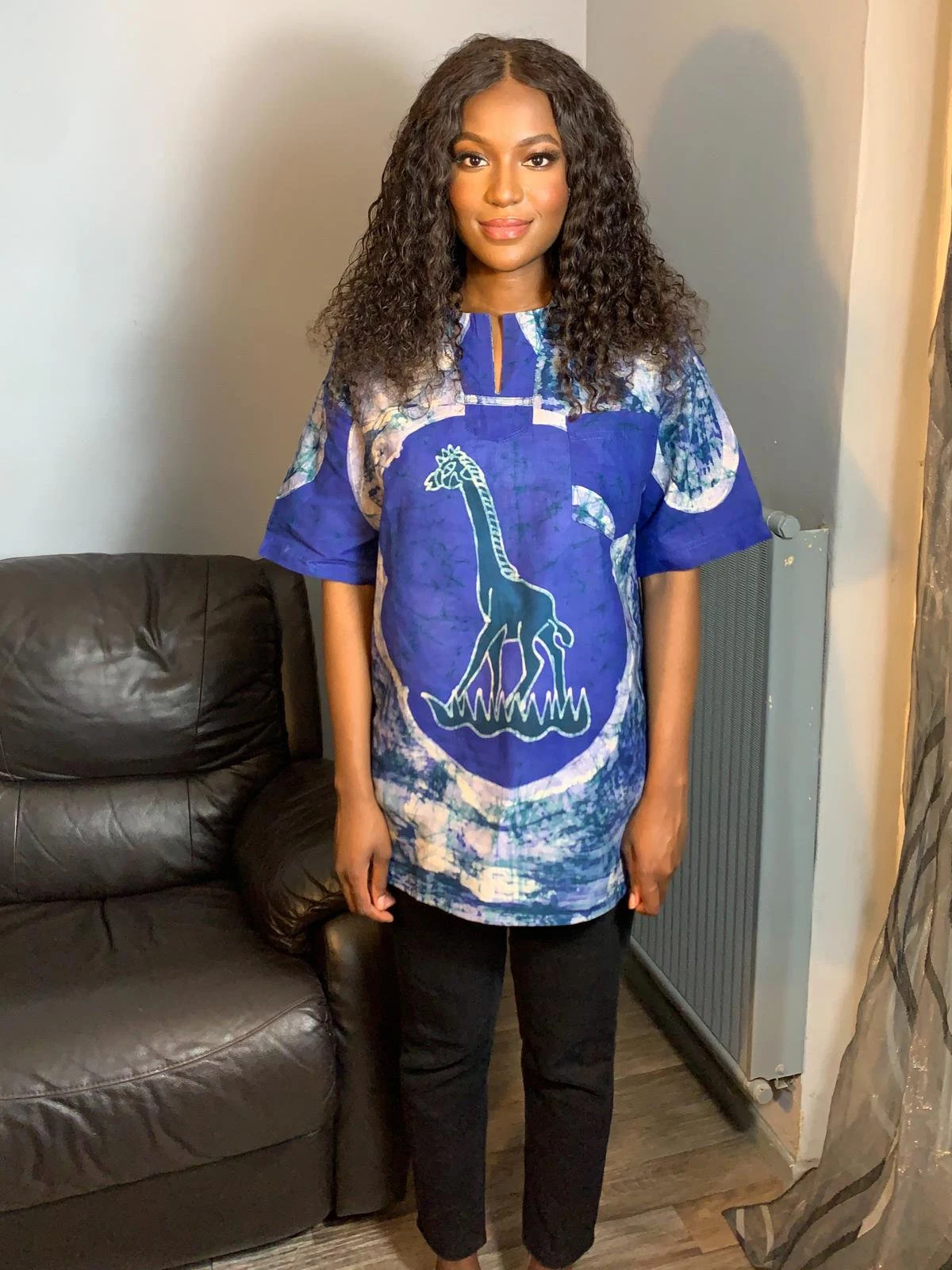 Chemise Mixte Batik Motif Animaux Safari en Coton - Design Girafe Bleu Vert