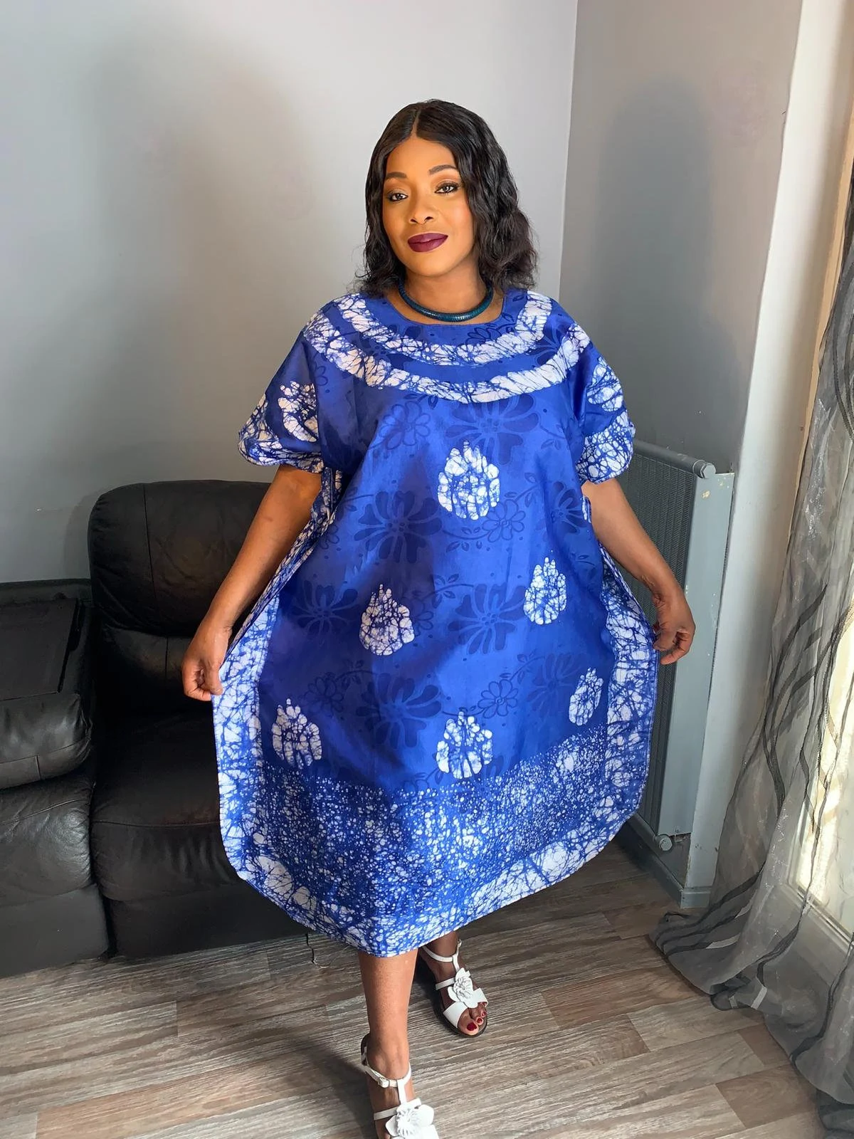 Royal Blue Bohemian Style Bazin Batik Dress. Unique and Exclusive Dress. Patterned dress, motif design: case, tata samba, art.