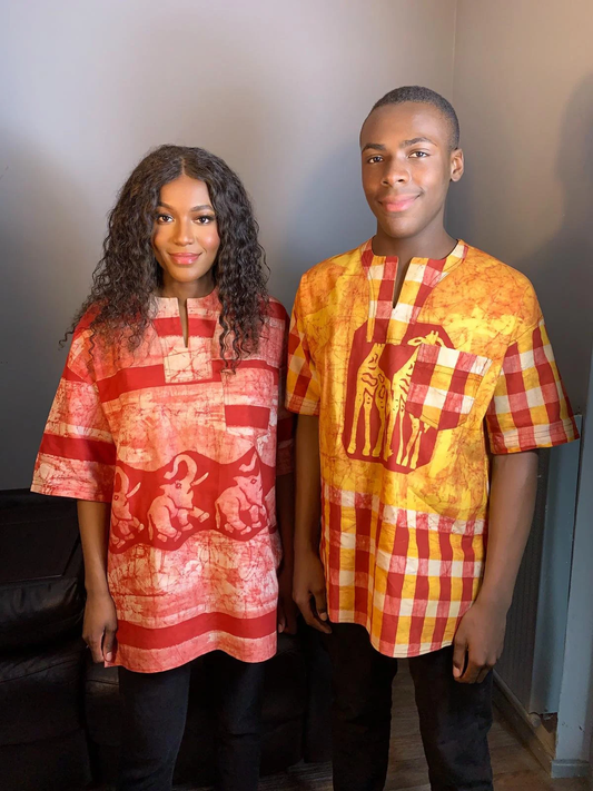 Baumwollhemd mit gemischtem Batik-Safari-Tiermuster – Gelb-Rot