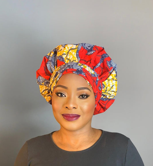 Bonnet Satin en Turban Rouge | Turban en Wax avec Doublure Satin