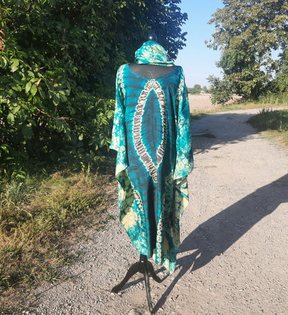 Boubou en Soie Adiré Caftan Vert - Robe Longue Soie Tie and Dye Adire Silk Batik