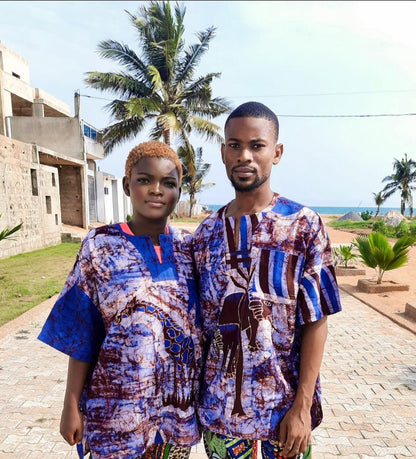 Chemise Mixte Batik Motif Animaux Safari en Coton - Éléphant Bleu