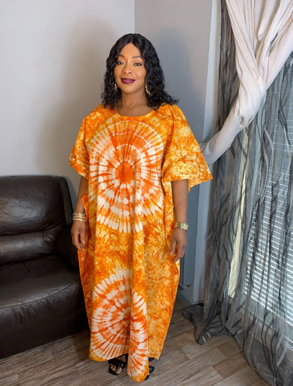 Robe Longue Batik, orange, disque coton tye and dye.