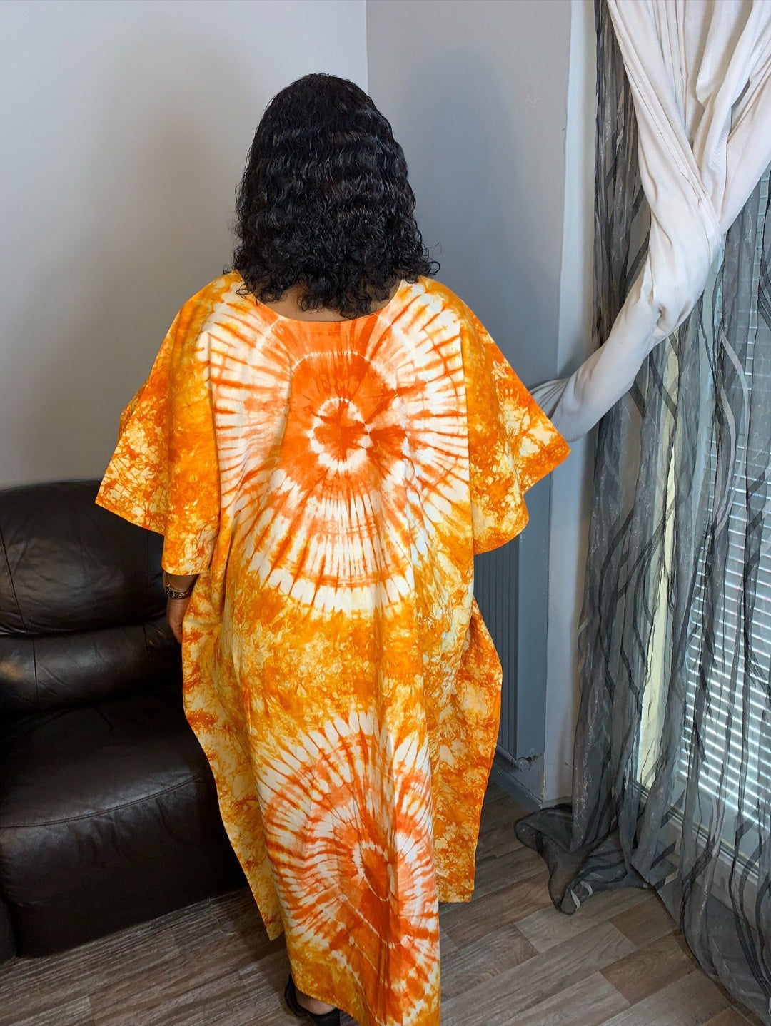 Robe Longue Batik, orange, disque coton tye and dye.