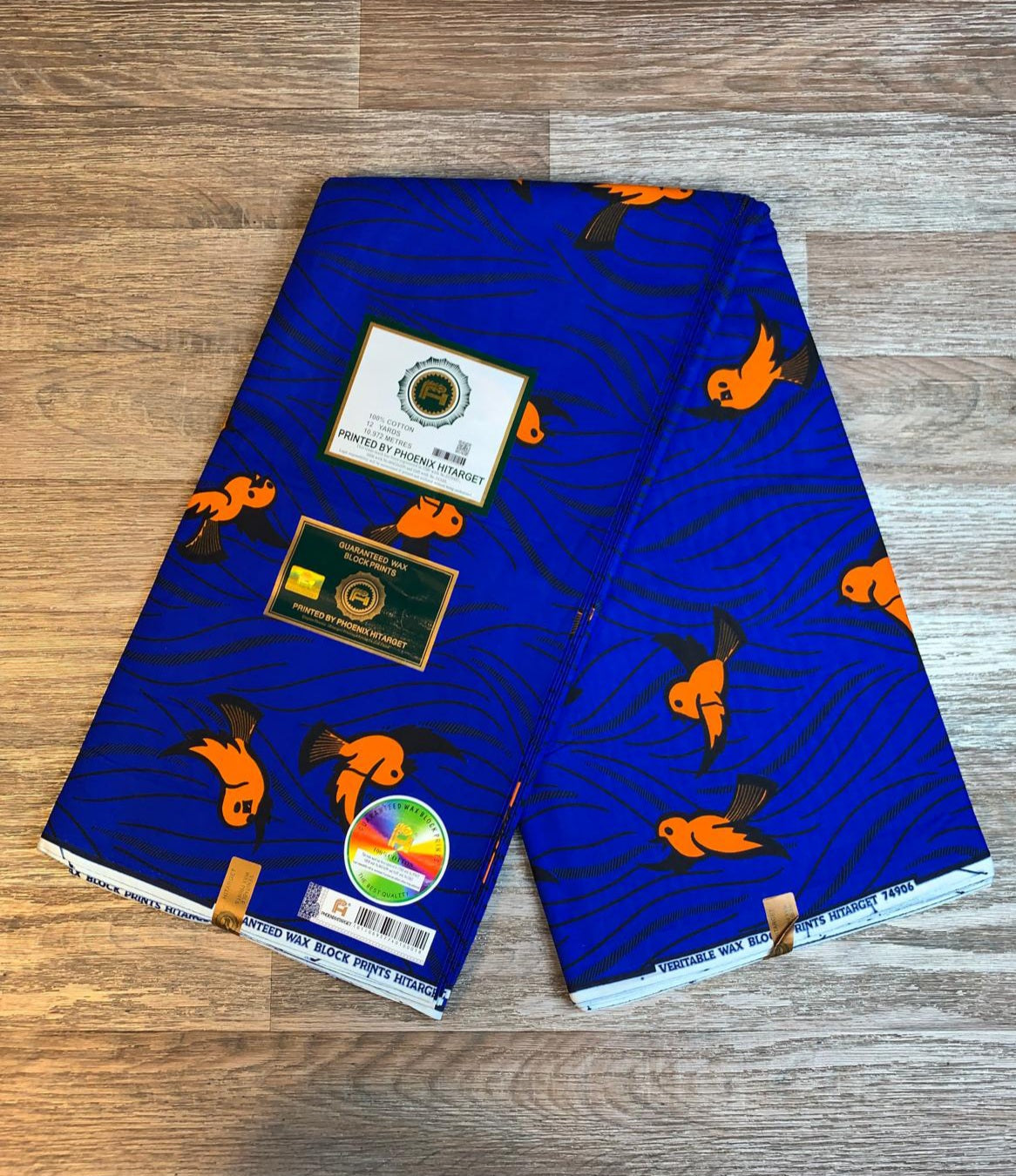 Tissus Wax Africain 100% Coton Ankara Design 12 et  6 yards Wax Hitarget Authentique motif : Oisillon Orange  Bleu