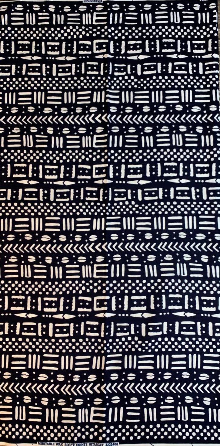 Tissus Wax Africain 100% Coton Ankara 6 Yards  blanc,et Noir Design Ethnique,   Wax Hitarget Authentique  Motif : Bogolan