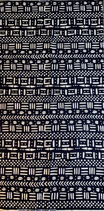 Tissus Wax Africain 100% Coton Ankara 6 Yards  blanc,et Noir Design Ethnique,   Wax Hitarget Authentique  Motif : Bogolan