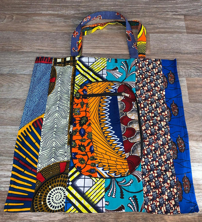 Tote Bag Patchwork En Wax 100% Coton, Ankara, XXL Pliable avec Fermeture Éclaire. Wax de Qualité supérieure.