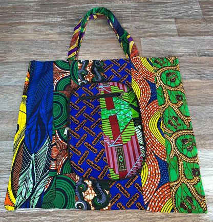 Tote Bag Patchwork En Wax 100% Coton, Ankara, XXL Pliable avec Fermeture Éclaire. Wax de Qualité supérieure.