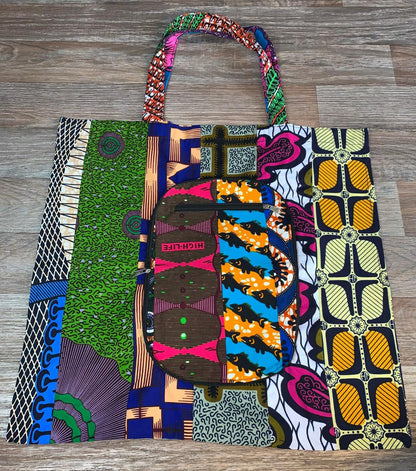 Tote Bag Patchwork En Wax 100% Coton, Ankara, XXL Pliable avec Fermeture Éclaire. Wax de Qualité supérieure.