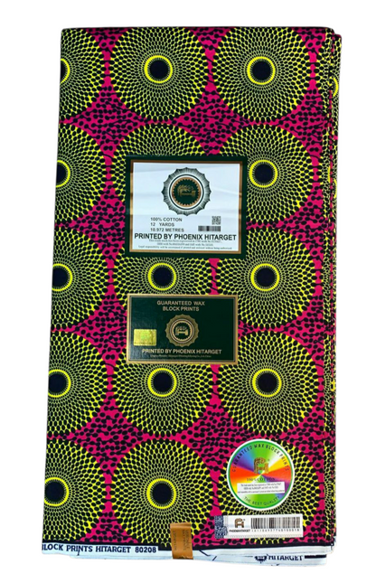 Tissus Wax Africain 100% Coton Ankara  1 à 12 yards Wax Hitarget  petit  Disques Rose Jaune