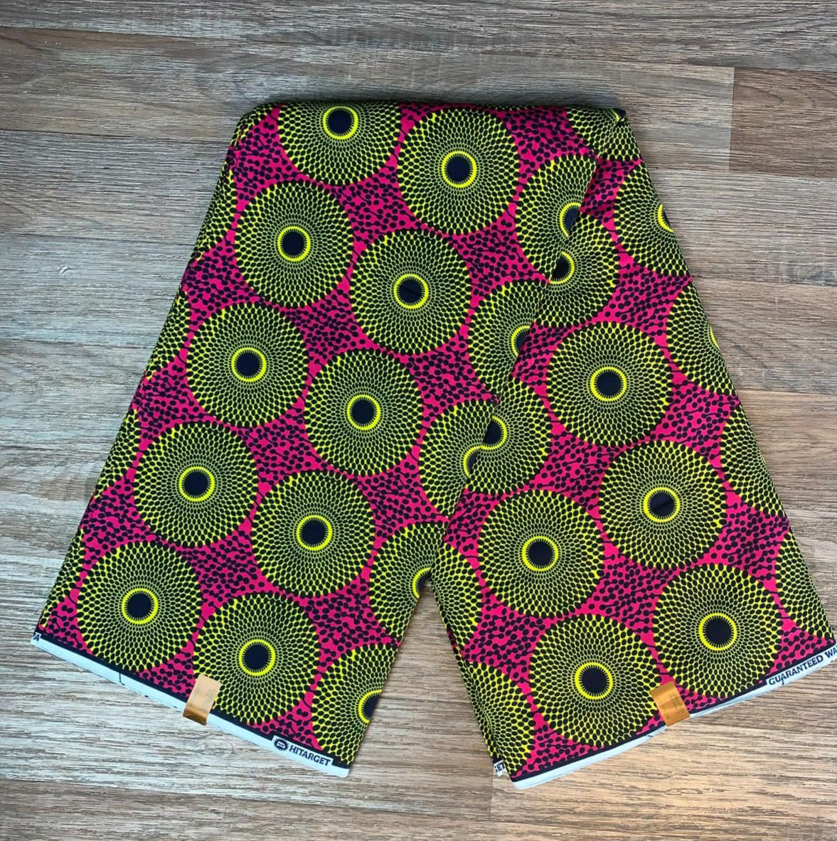 Tissus Wax Africain 100% Coton Ankara  1 à 12 yards Wax Hitarget  petit  Disques Rose Jaune