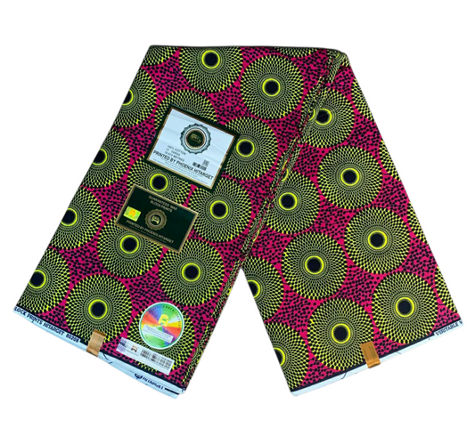 Tissus Wax Africain 100% Coton Ankara  1 à 12 yards Wax Hitarget  petit  Disques Rose Jaune