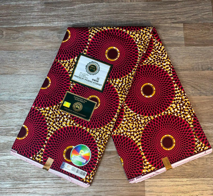 Tissus Wax Africain 100% Coton Ankara  1 à 12 yards Wax Hitarget  Ankara   Grand Disques Rouge Camel.