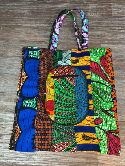 Tote Bag Patchwork En Wax. Wax 100% Coton XL Pliable avec Fermeture Éclaire. Wax de qualité supérieure