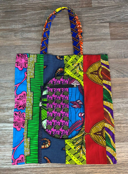 Tote Bag Patchwork En Wax. Wax 100% Coton XL Pliable avec Fermeture Éclaire. Wax de qualité supérieure