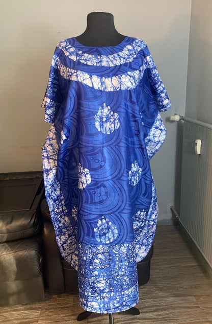 Robe Bazin Batik Bleu Roi Style Bohème a Motif, Design Motif casa samba. L'art 100% Coton très doux