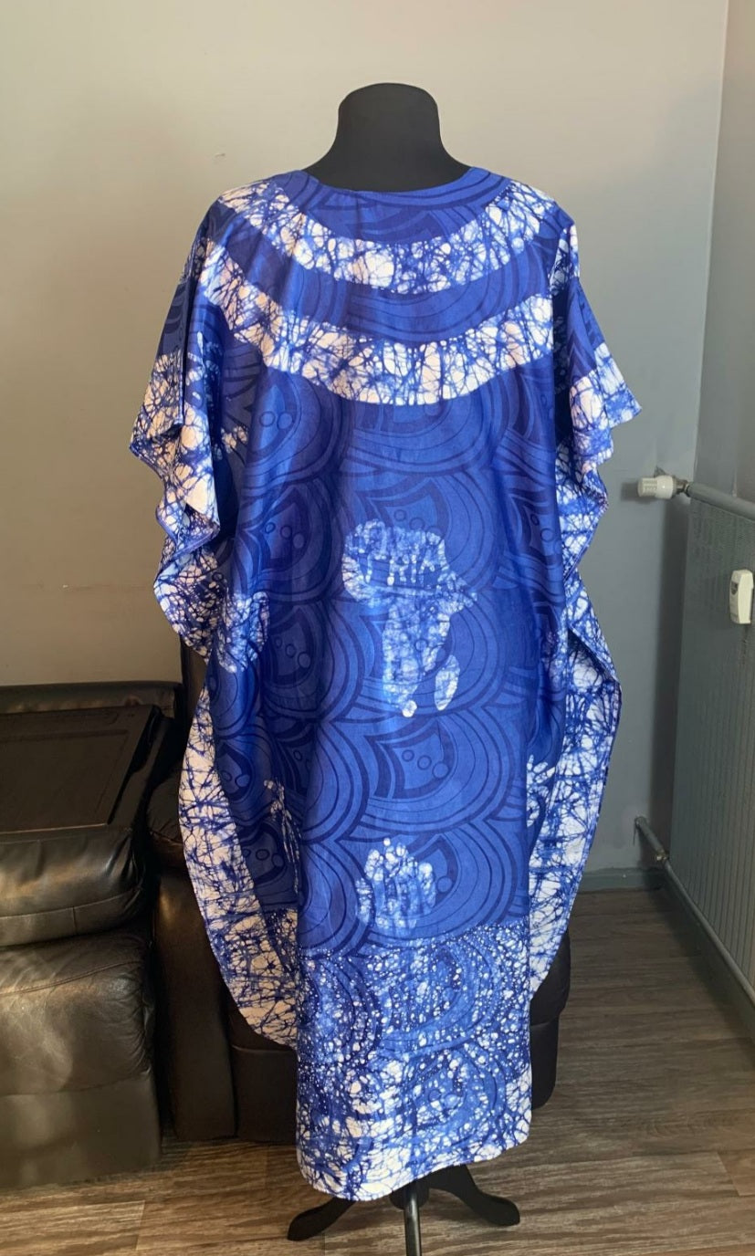 Robe Bazin Batik Bleu Roi  Style Bohème a  Motifs, Design. Motif Palmier Afrique 100% Coton Très Doux