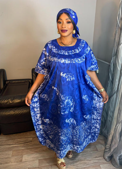 Robe Longue Bazin Batik Style Bohème a Motifs avec Foulard 100% Coton très doux design art