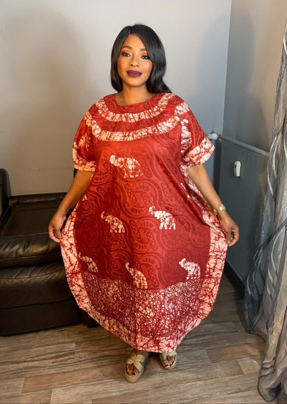 Robe Bazin Batik Style Bohème a Motifs  Bordeaux Design Robe à  Motifs:  Éléphants L'art 100% Coton Très Doux