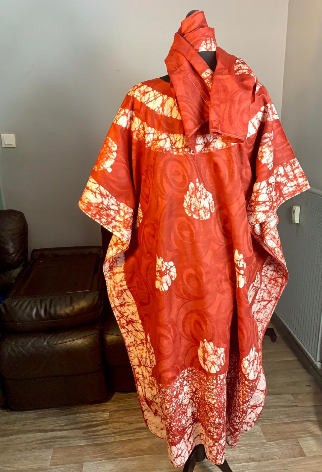 Robe Longue Bazin Batik Style Bohème a Motifs avec Foulard 100% Coton très doux design art
