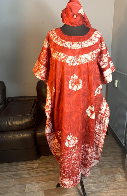 Robe Longue Bazin Batik Style Bohème a Motifs avec Foulard 100% Coton très doux design art