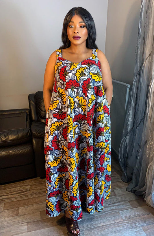 Robe En Wax Longue Ovale Fleurs de Mariague