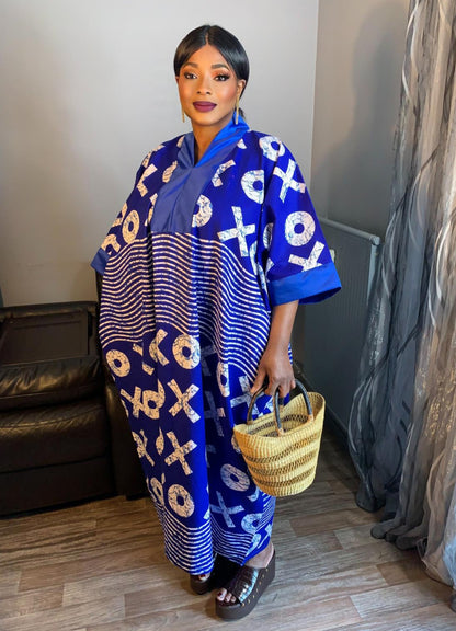 Robe Wax Duchesse Bleu avec Col Ankara Design wax 100%Coton