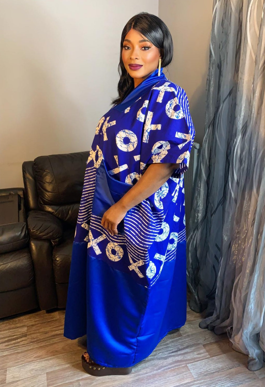 Robe Wax Duchesse Bleu avec Col Ankara Design wax 100%Coton