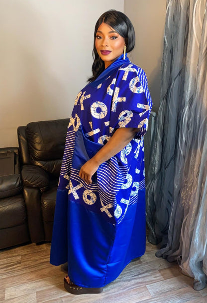 Robe Wax Duchesse Bleu avec Col Ankara Design wax 100%Coton