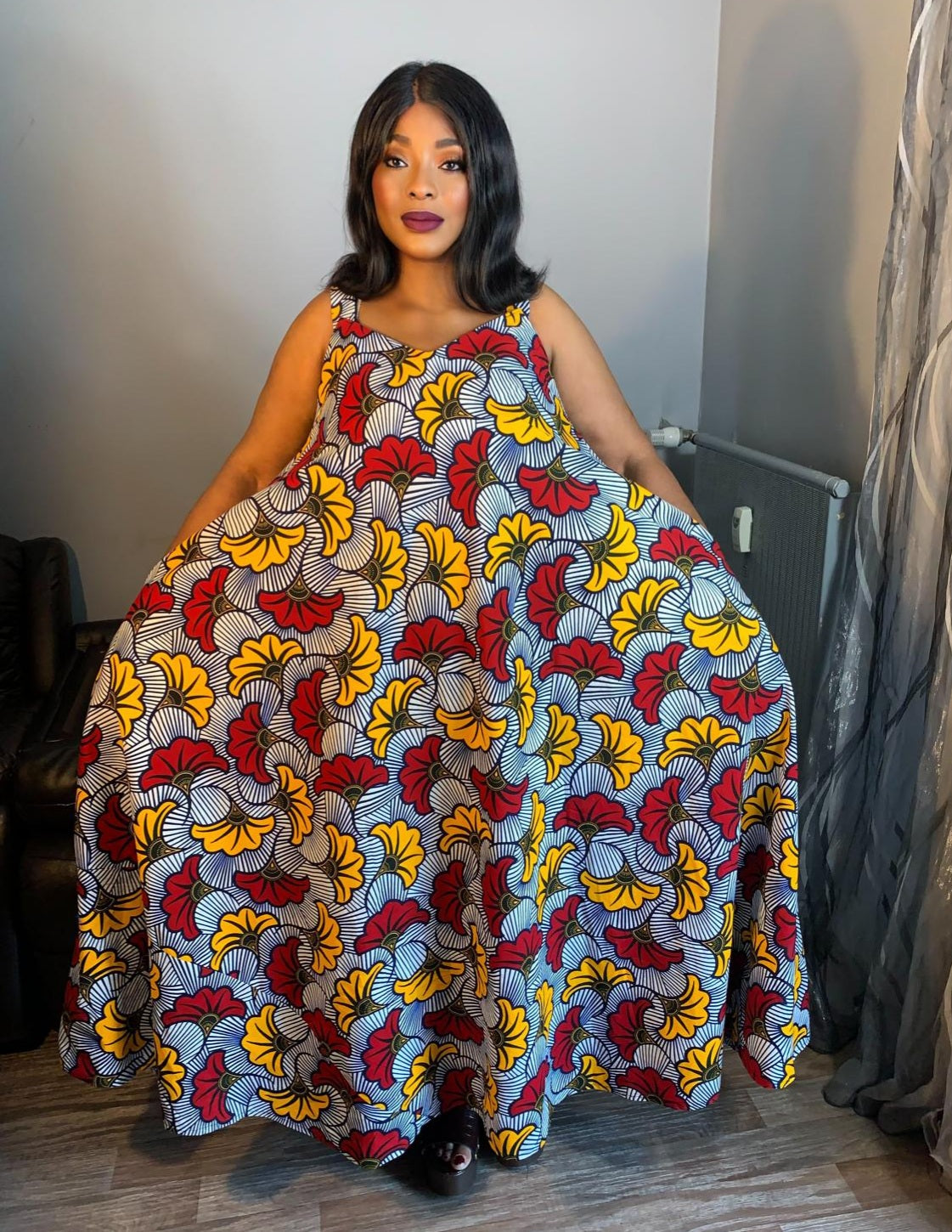 Robe En Wax Longue Ovale Fleurs de Mariague