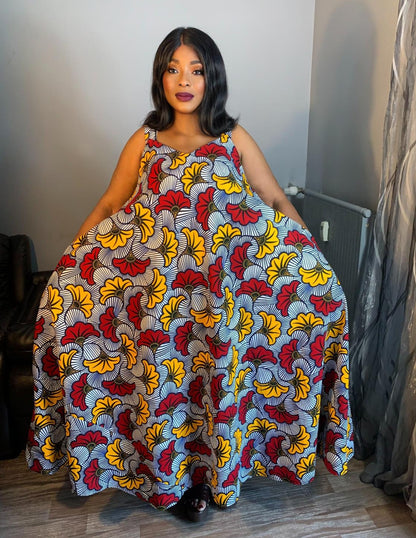 Robe En Wax Longue Ovale Fleurs de Mariague