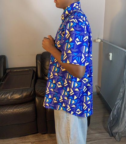 Chemise Homme Wax Africain 100%Coton Avec Col Motif Bogolan Ankara