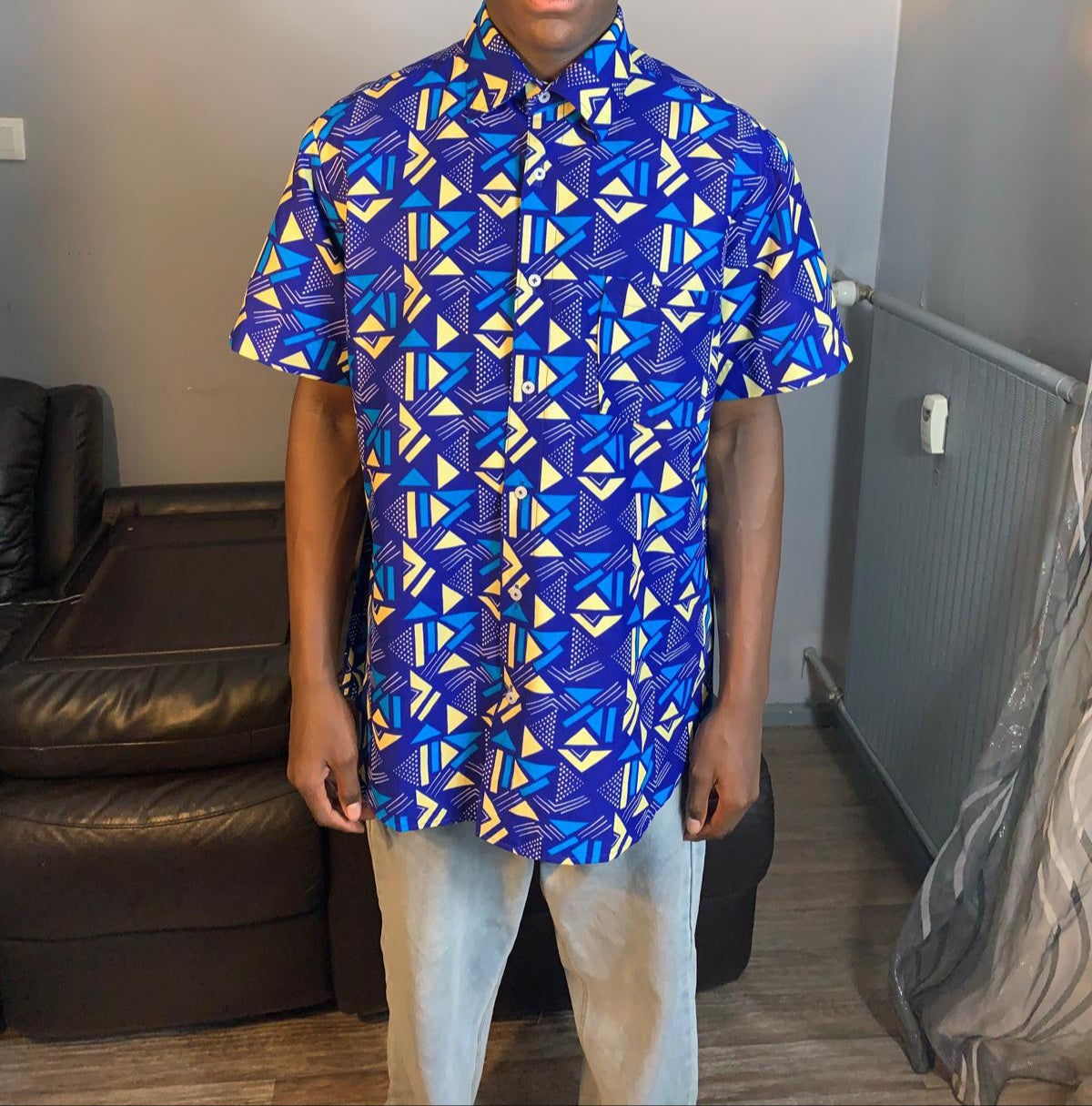 Chemise Homme Wax Africain 100%Coton Avec Col Motif Bogolan Ankara